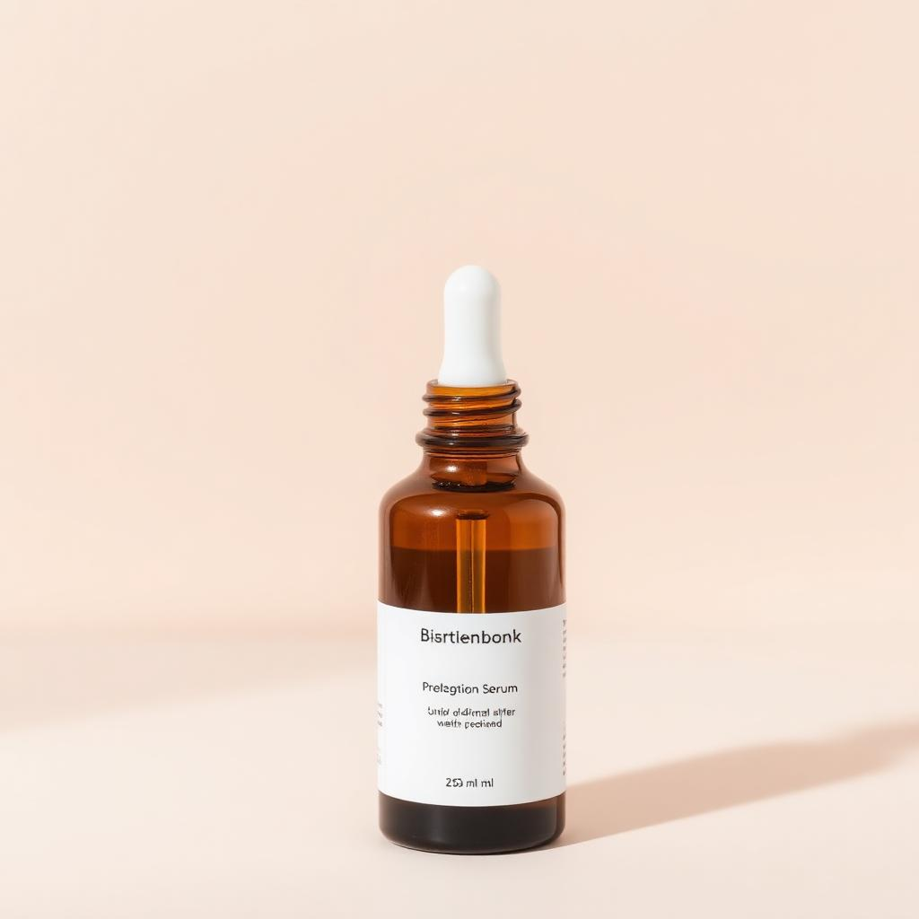 Restorative Serum amber glass bottle on soft neutral background