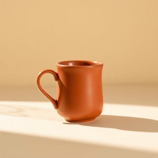 Terracotta coffee mug on a quiet tabletop