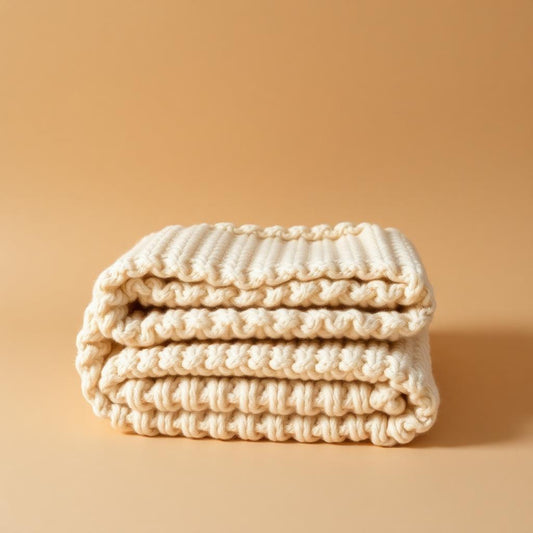Chunky wool throw folded on a sofa