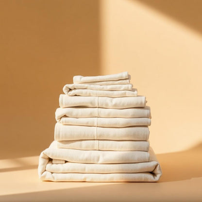 Folded linen bath towels in soft neutral tones