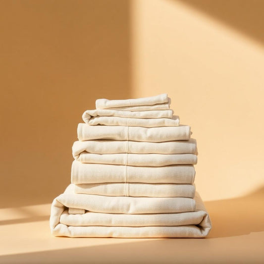 Folded linen bath towels in soft neutral tones
